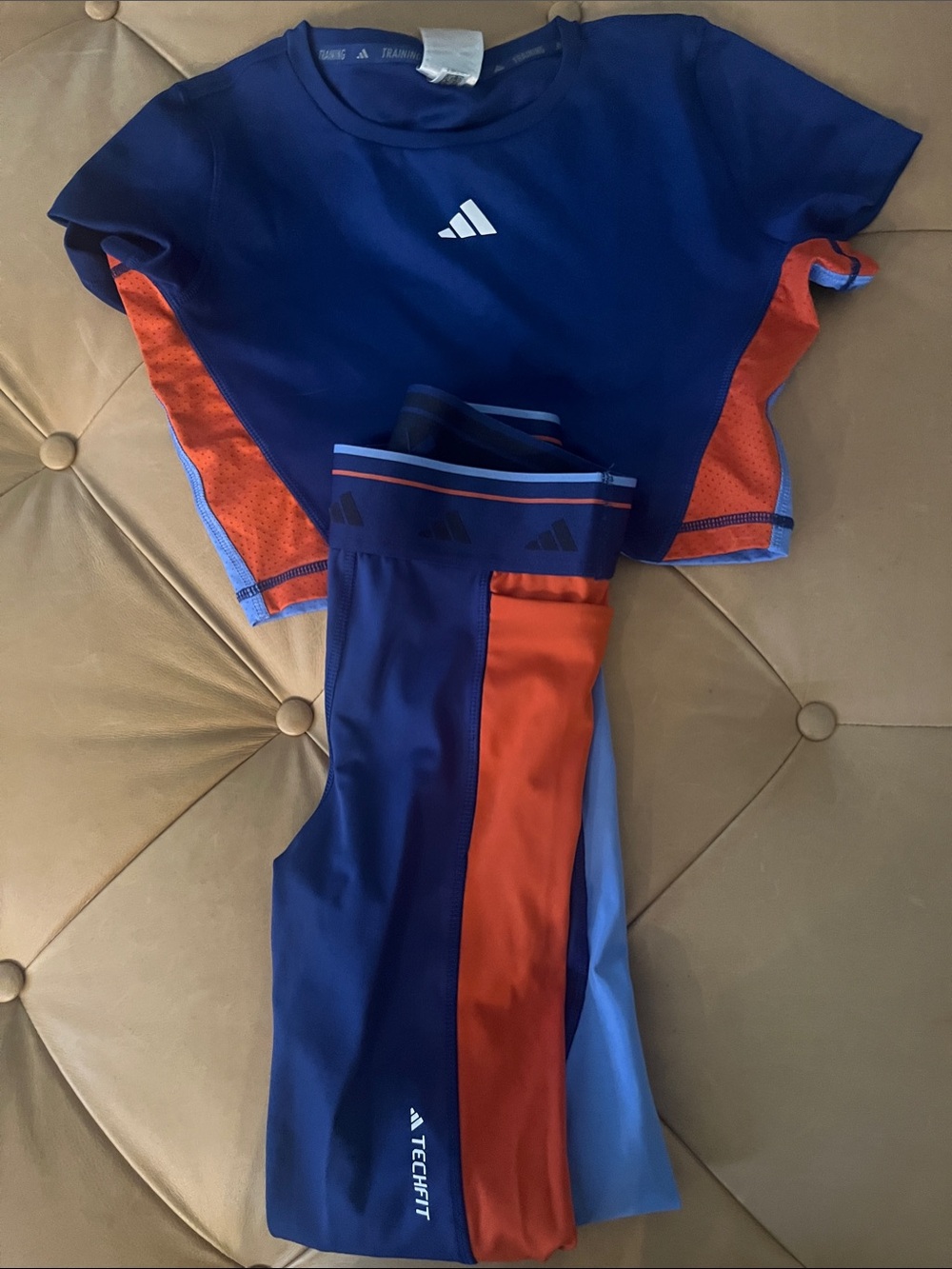 adidas Women's Blue and Orange Techfit Crop Top and Leggings Set